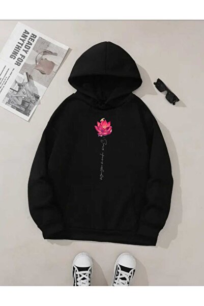 tkn your style Hanorac oversize cu glugă, cu imprimeu cu flori de lotus roz