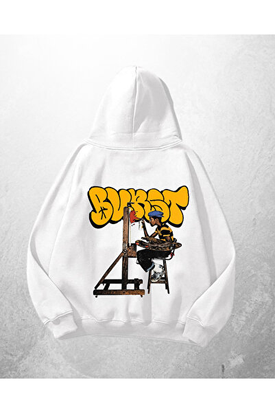 weywot Λευκό Unisex BURST Graffiti με τύπωμα oversized Φούτερ με κουκούλα