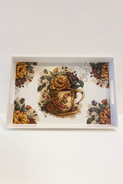 PERLAEVKAHVE Coffee Patterned Black Rectangular Serving Tray 20X30 cm – Stylish and Durable Kitchen Tray