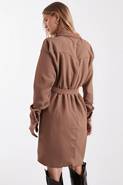 armonika Kadın Vizon Önden Düğmeli Cepli Kuşaklı Kadife Elbise ARM-25K001085