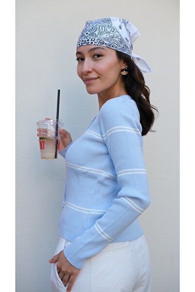 Butik Una Fiaba-Mavi Kadın Bisiklet Yaka Çizgili Düğme Detaylı Triko Hırka