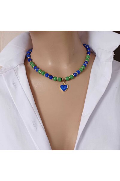shop Mavi Akik ve Yeşil Cam Boncuk Kolye – Altın Kaplama Ara Aparatlı, Kalp U...