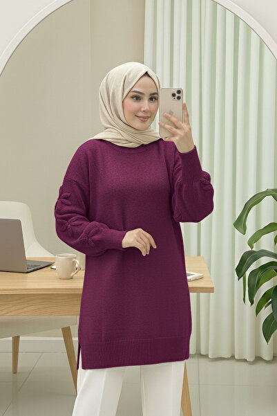 Kirazgym Soft Knit Sweater Tunic with Floral Detail on the Sleeve