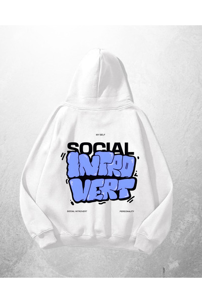 Gofeel Hanorac alb unisex Social Introvert cu imprimeu supradimensionat Swea ...