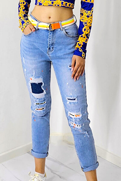 FashionForYou Kiko women's jeans, asymmetrical perforations with decorative inserts and matching belt, Light blue