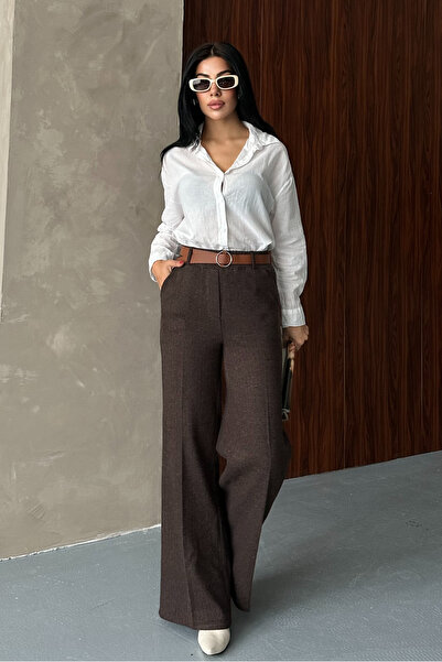 macharel jeans Kadın Desenli Bol Paça Cepli Kemerli Palazzo Pantolon