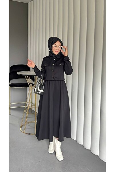 VELLICHOR Double Set with Square Buttoned Scuba Jacket - Black