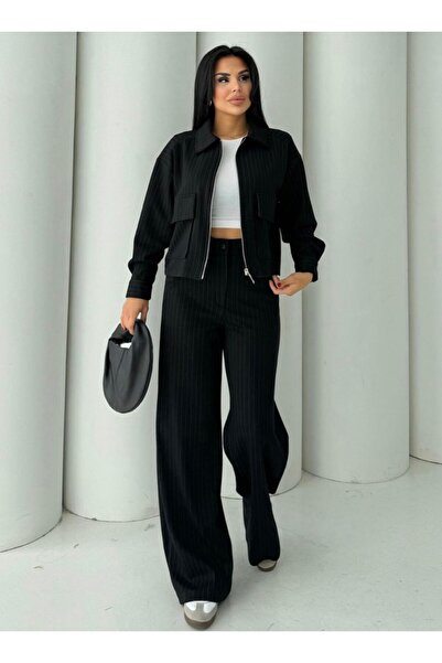 EGZOTİK ASORTİK Striped Cargo Pocket Zippered Jacket and Pants Set