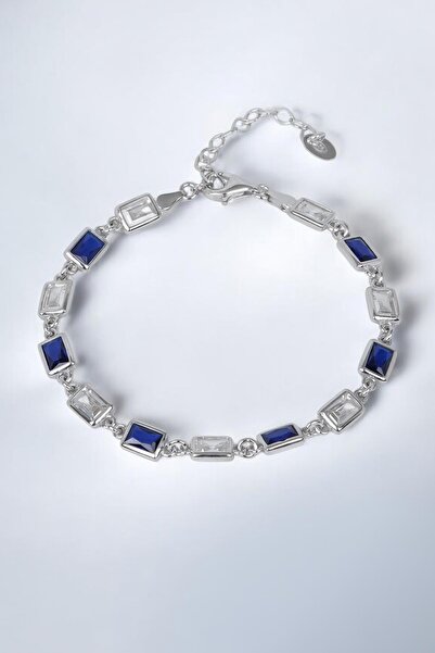 FRNCH 925 Ayar Gümüş Lacivert-Beyaz Zirkon Taşlı Gümüş Renk Erkek Bileklik FR...