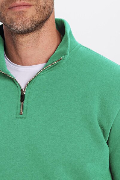 Tudors Unisex Relax Fit Rahat Kesim Pamuklu İçi Polarlı Yarım Fermuarlı Yeşil Dik Yaka Sweatshirt