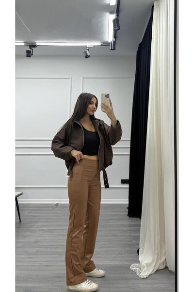 Daves Καφέ ψηλόμεσο ελαστικό δερμάτινο παντελόνι καμπάνα