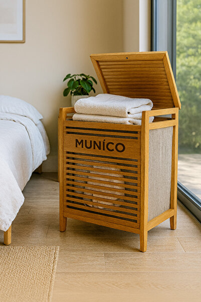 Munico Banyo Tipi Bambu Kirli Sepeti 40x35x60 cm Kumaş Torbalı, Nem Dayanımlı...