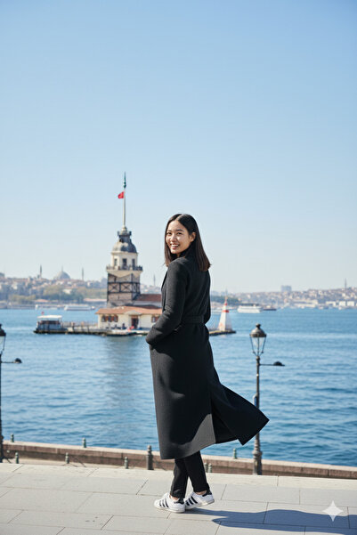 LİMABEL Belted Pocketed Knee Length Long Cashmere Winter Women's Coat Black Kles-1