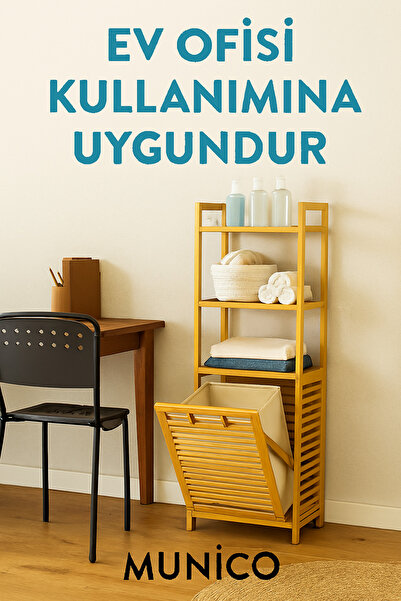 Munico 3 Organizer Raflı Ahşap Bambu Kirli Sepeti Çek-Aç Mekanizmalı | Deterj...