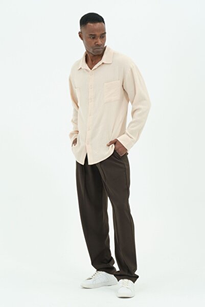 RELAXL Ανδρικό πουκάμισο μουσελίνας μπεζ από 100% βαμβάκι με τσέπες, μεγάλο μέγεθος