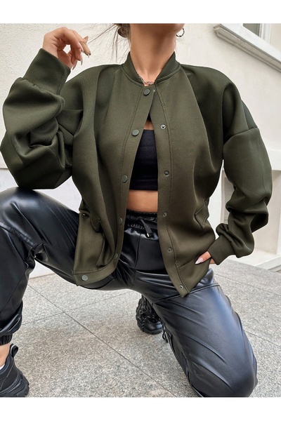 MOVİMENT Women's Khaki Scuba Knitted Jacket with Pocket Detail and Snap Detail