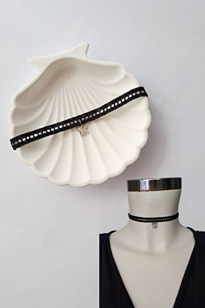Neonx shop Kadın Güpürlü Siyah Kelebek Detaylı Choker Kolye, Dantel Tasma Kolye, Takı ,Aksesuar