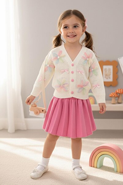 NEWKİDS طقم بناتي مكون من كارديجان تريكو منقوش بالزهور وتنورة مطوية