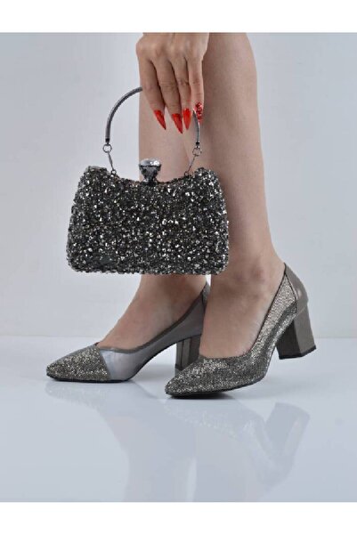 Şanslı Ayakkabıcılık Platinum Mesh Stone Short Heeled Evening Dress Shoes Bag...