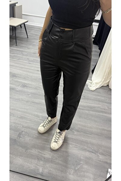 Daves Černé kožené kalhoty s detaily na knoflíky a semišovým vnitřkem ve stylu mrkvového střihu