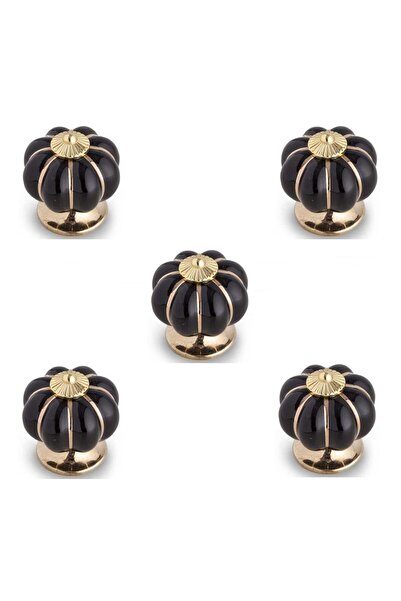 EYMEN YAPI 5 Adet Tomurcuk Porselen Düğme Siyah - Altın Tek Mobilya Kulp