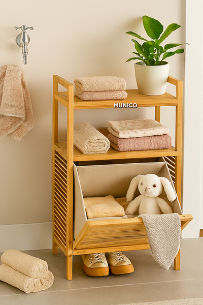 Munico 2 Organizer Raflı Bambu Kirli Sepeti 40x35x95 cm, Çek-Aç Mekanizmalı |...