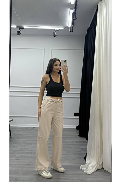 Daves Beige Leather Trousers with Elastic Waistband Detail