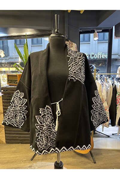 By-esq سترة بونشو نسائية مطرزة بأكمام طويلة من القطن