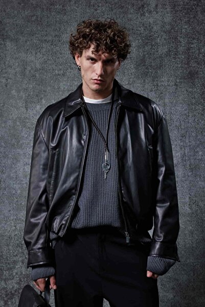 ablukaonline Men's Oversize Zippered Basic Leather Jacket Black