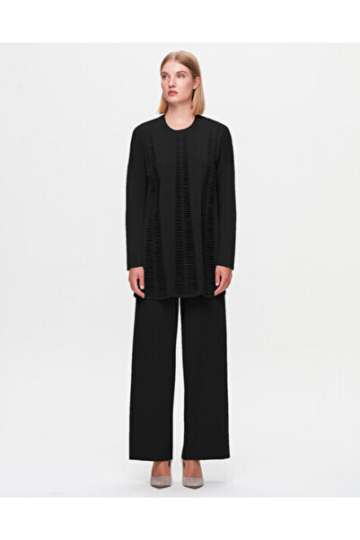 MISS DALIDA T25K-6037 Örgü Teknikli Düz Renk Siyah Tunik