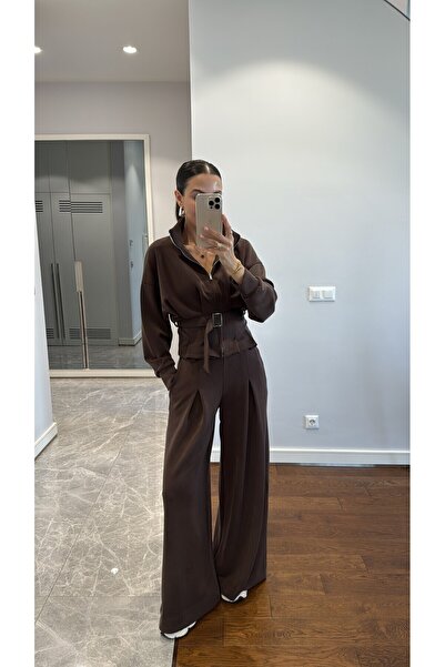 manana fashion Brown Belt Detailed Wide Leg Modal Suit