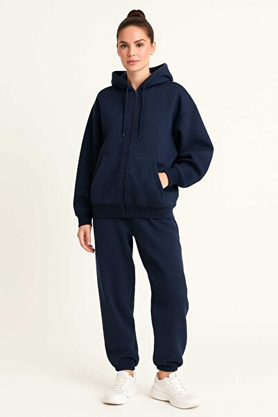 gigigiyim بدلة رياضية نسائية كبيرة الحجم بثلاثة خيوط وسحاب بلون موحد باللون ا...