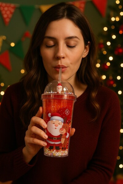 BiTon Toptan Santa Claus & New Year 2026 Themed Straw Water Bottle 450 ml Double Layer Mica Water Bottle 2768-A