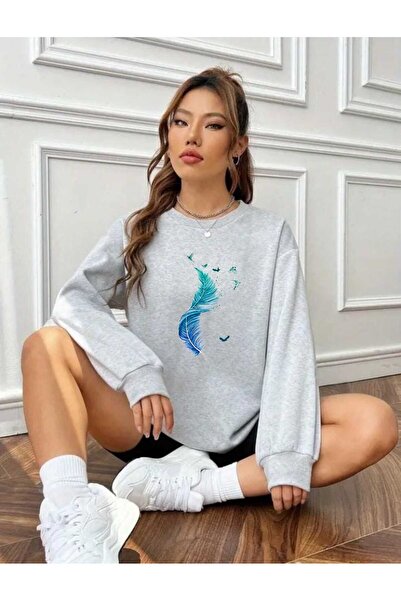 tkn your style Hanorac oversize cu imprimeu de modă cu pene de pasăre și păun