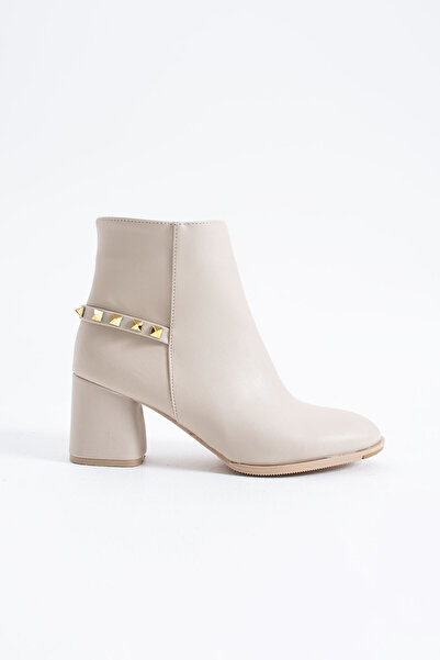 Siena Shoes Torre Kadın Toka Detaylı Fermuarlı Topuklu Bot Bej