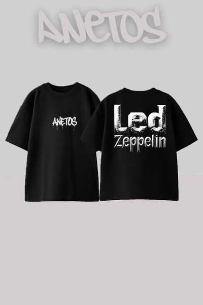 Anetos Led Zeppelin 0 Design Spate cu imprimeu Bumbac Negru supradimensionat ...