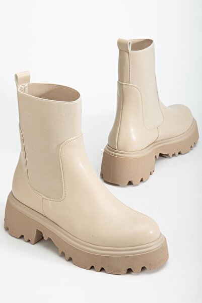 infon shoes creation K-815 Bej Lastikli Yüksek Tabanlı Günlük Kadın Bot