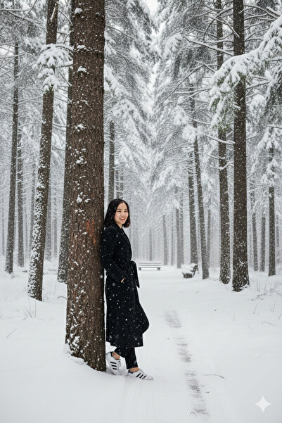 LİMABEL Snyya Belted Pocketed Knee-Length Long Cashmere Winter Women's Coat Black -2