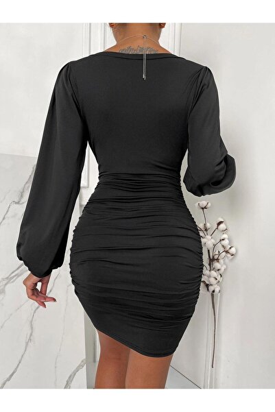 pink life Черна шифонова мини рокля с дълги ръкави