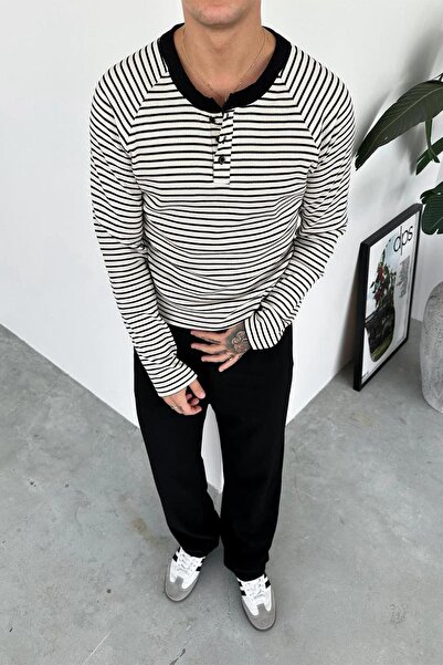 HAFKAGİYİM Μαύρο μπλουζάκι με μακρυμάνικο γιακά με ριγέ κουμπιά