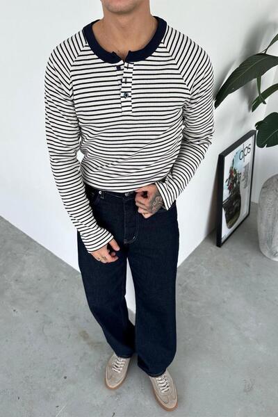 HAFKAGİYİM Синя преміум смугаста сорочка з ґудзиками на комірі та довгими рукавами