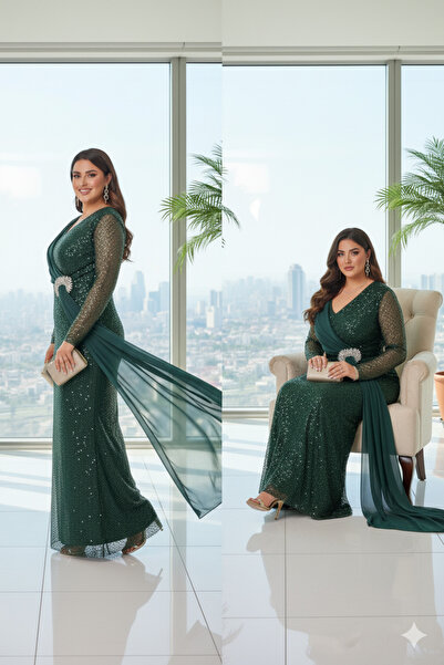 Robes V Yaka Büyük Beden Balık Model Uzun Abiye - Tül Omuz Detaylı Davet Elbisesi