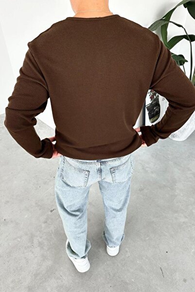 HAFKAGİYİM Brown Premium Knitted Waffle Buttoned Collar Long Sleeve T-Shirt