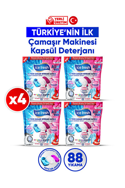 Ice Fresh 4'Lü Çamaşır Makinesi Deterjanı Kapsül 3’ü 1 Arada Jel Form 88 Yıkama Yerli Üretim Kalıntı Bırakmaz