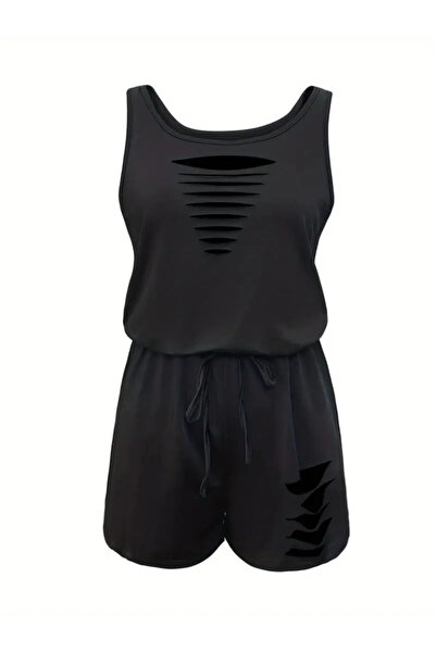 KOZMERA BUTİK Women's Strappy Round Neck Laser Cut Detailed Lace up Short Viscose Jumpsuit