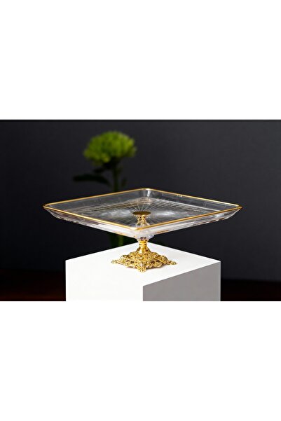 ÇNR Home Collection Pasabahce Crystal Metal-Legged Gilded Square Cake Stand S...