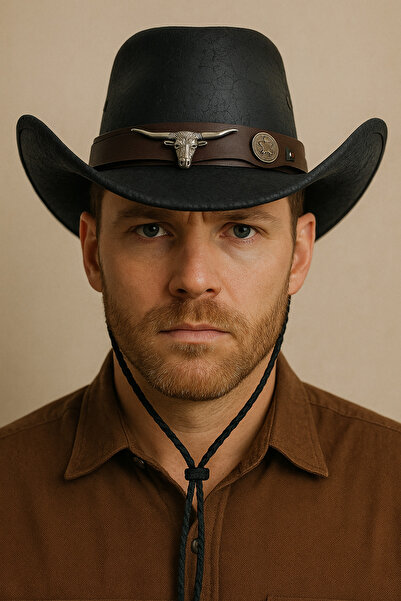 CosmoOutlet Men's Black Faux Leather Adjustable Cowboy Hat