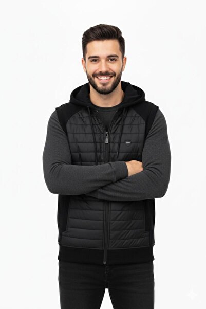 BAGLAN Men's Quilted Patterned 3 Thread Hooded Vest Bgl-St04866