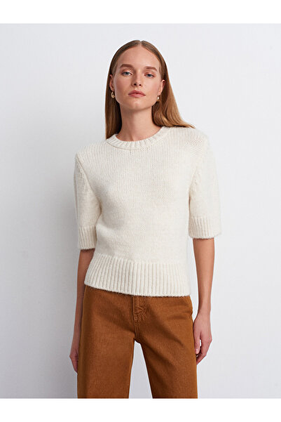 Dilvin 10821 Crew Neck Short Sleeve Knitwear Sweater-Ecru
