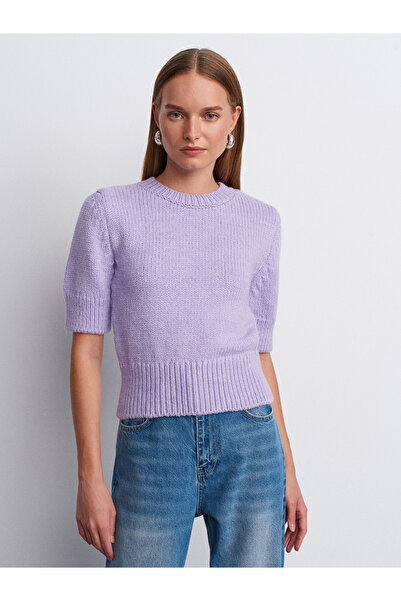 Dilvin 10821 Pulover tricot cu mânecă scurtă cu gât rotund-Liliac